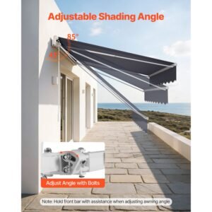 manual retractable awning, 9.8' x 8.2' outdoor patio awning retractable sun shade, patio door window water resistant polyester sunshade shelter with crank handle for deck, balcony, yard, gray