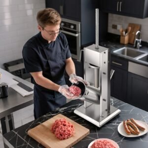 manual sausage stuffer, 11 lbs / 5 l vertical meat stuffer, dual speed sausage casing meat filling machine, stainless steel heavy duty filler with 5 stuffing tubes, for commercial & home use