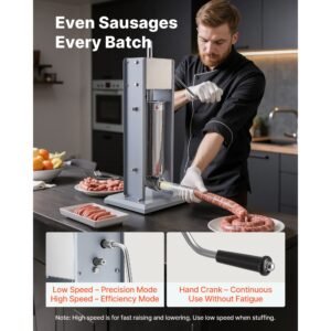 manual sausage stuffer, 11 lbs / 5 l vertical meat stuffer, heavy duty sausage casing meat stuffing machine, dual speed stainless steel filler with 5 filling tubes, for commercial and home use