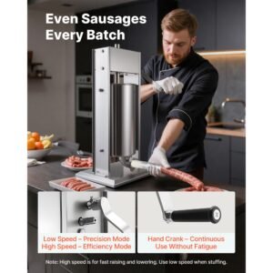 manual sausage stuffer, 33 lbs / 15 l vertical meat stuffer, heavy duty sausage casing meat stuffing machine, dual speed stainless steel filler with 5 filling tubes, for commercial and home use