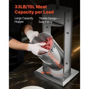 manual sausage stuffer, 33 lbs / 15 l vertical meat stuffer, heavy duty sausage casing meat stuffing machine, dual speed stainless steel filler with 5 filling tubes, for commercial and home use