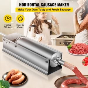 manual sausage stuffer, 7 l / 15 lbs horizontal sausage machine, dual speed meat stuffer, made of food grade 304 stainless steel, includes 5 stuffing tubes, for home kitchen restaurant commercia