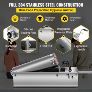 manual sausage stuffer, 7 l / 15 lbs horizontal sausage machine, dual speed meat stuffer, made of food grade 304 stainless steel, includes 5 stuffing tubes, for home kitchen restaurant commercia