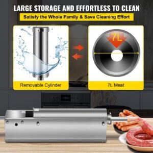 manual sausage stuffer, 7 l / 15 lbs horizontal sausage machine, dual speed meat stuffer, made of food grade 304 stainless steel, includes 5 stuffing tubes, for home kitchen restaurant commercia