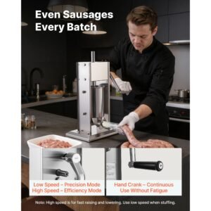 manual sausage stuffer, 7 lbs / 3 l vertical meat stuffer, heavy duty sausage casing meat stuffing machine, dual speed stainless steel filler with 5 filling tubes, for commercial and home use