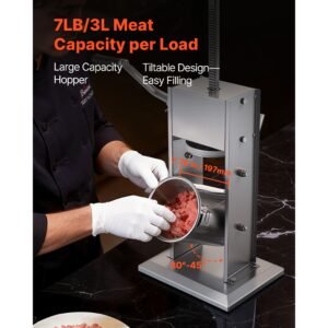 manual sausage stuffer, 7 lbs / 3 l vertical meat stuffer, heavy duty sausage casing meat stuffing machine, dual speed stainless steel filler with 5 filling tubes, for commercial and home use