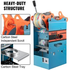 manual tea cup sealer machine, 300 500 cup/h manual boba tea sealer machine, blue boba tea sealing machine, 90/95mm cup diameter cup sealing machine with heating technology for bubble milk tea