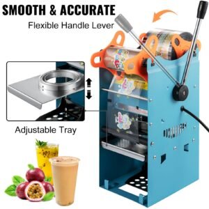 manual tea cup sealer machine, 300 500 cup/h manual boba tea sealer machine, blue boba tea sealing machine, 90/95mm cup diameter cup sealing machine with heating technology for bubble milk tea