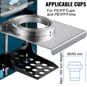 manual tea cup sealer machine, 300 500 cup/h manual boba tea sealer machine, blue boba tea sealing machine, 90/95mm cup diameter cup sealing machine with heating technology for bubble milk tea