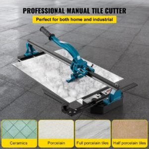 manual tile cutter, 24 inch, porcelain ceramic tile cutter with tungsten carbide cutting wheel, infrared positioning, anti skid feet, durable rails for professional installers or beginners