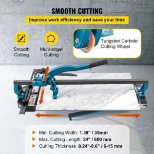 manual tile cutter, 24 inch, porcelain ceramic tile cutter with tungsten carbide cutting wheel, infrared positioning, anti skid feet, durable rails for professional installers or beginners