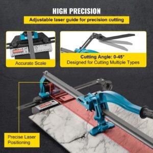 manual tile cutter, 24 inch, porcelain ceramic tile cutter with tungsten carbide cutting wheel, infrared positioning, anti skid feet, durable rails for professional installers or beginners