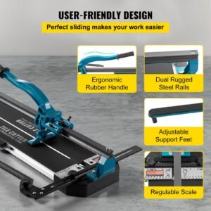 manual tile cutter, 24 inch, porcelain ceramic tile cutter with tungsten carbide cutting wheel, infrared positioning, anti skid feet, durable rails for professional installers or beginners