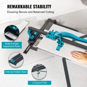 manual tile cutter, 48 inch, porcelain ceramic tile cutter with tungsten carbide cutting wheel, infrared positioning, anti skid feet, durable rails for professional installers or beginners