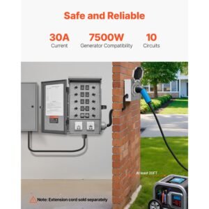 manual transfer switch, 30 amp 10 circuit, prewired generator transfer switch kit with nema l14 30p power inlet box, double throw switch, nema 3r, mechanical watt meter, for 7500w generators