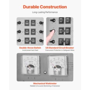 manual transfer switch, 30 amp 10 circuit, prewired generator transfer switch kit with nema l14 30p power inlet box, double throw switch, nema 3r, mechanical watt meter, for 7500w generators