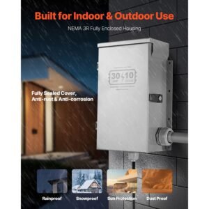 manual transfer switch, 30 amp 10 circuit, prewired generator transfer switch kit with nema l14 30p power inlet box, double throw switch, nema 3r, mechanical watt meter, for 7500w generators