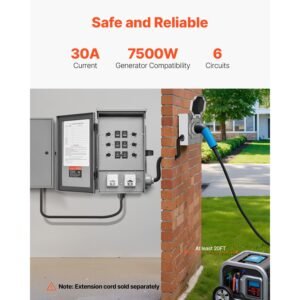 manual transfer switch, 30 amp 6 circuit, prewired generator transfer switch kit with nema l14 30p power inlet box, double throw switch, nema 3r, mechanical watt meter, for 7500w generators