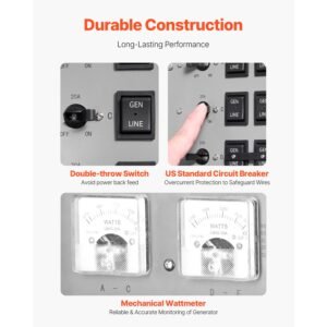 manual transfer switch, 30 amp 6 circuit, prewired generator transfer switch kit with nema l14 30p power inlet box, double throw switch, nema 3r, mechanical watt meter, for 7500w generators