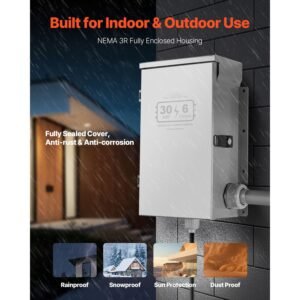 manual transfer switch, 30 amp 6 circuit, prewired generator transfer switch kit with nema l14 30p power inlet box, double throw switch, nema 3r, mechanical watt meter, for 7500w generators