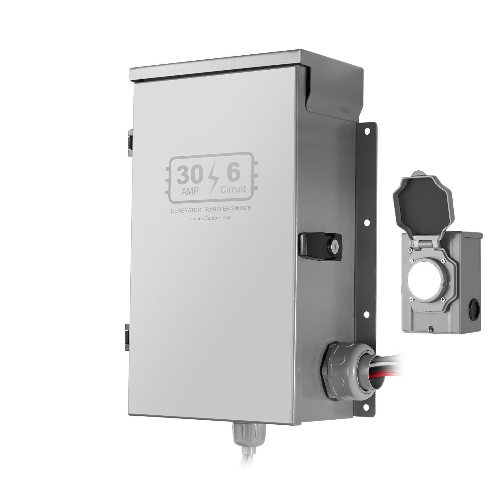 manual transfer switch, 30 amp 6 circuit, prewired generator transfer switch kit with nema l14 30p power inlet box, double throw switch, nema 3r, mechanical watt meter, for 7500w generators