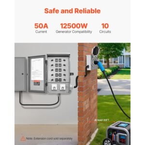 manual transfer switch, 50 amp 10 circuit, prewired generator transfer switch kit with cs6375 plug power inlet box, double throw switch, nema 3r, mechanical watt meter, for 12500w generators