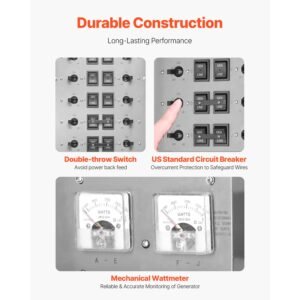 manual transfer switch, 50 amp 10 circuit, prewired generator transfer switch kit with cs6375 plug power inlet box, double throw switch, nema 3r, mechanical watt meter, for 12500w generators