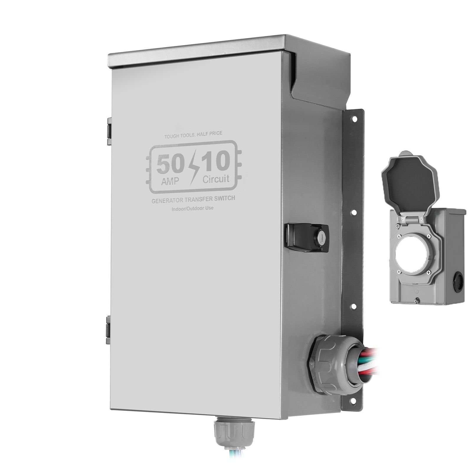 manual transfer switch, 50 amp 10 circuit, prewired generator transfer switch kit with cs6375 plug power inlet box, double throw switch, nema 3r, mechanical watt meter, for 12500w generators