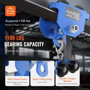 manual trolley, 1100 lbs/0.5 ton load capacity push beam trolley with dual wheels, adjustable for i beam flange width 2.5" to 5.5", heavy duty alloy steel garage hoist for straight curved i beam