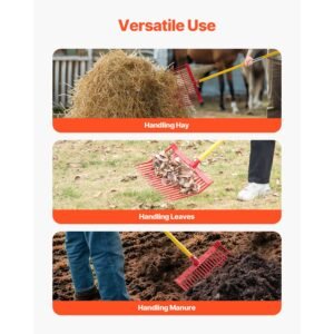 manure fork, 18 angled tines, horse manure rake with long fiberglass handle, 61 in durable plastic pitchfork muck rake tool for gardening horse stall stable grass hay cleaning farm work