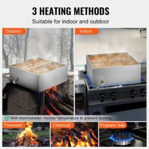 maple syrup evaporator pan, 23.6 gallon, 343 cups of 8.8oz maple syrup, flat evaporator pan with thermometer, 1 valve and 3 heating methods, 304 stainless steel maple syrup pan for home, outdoor