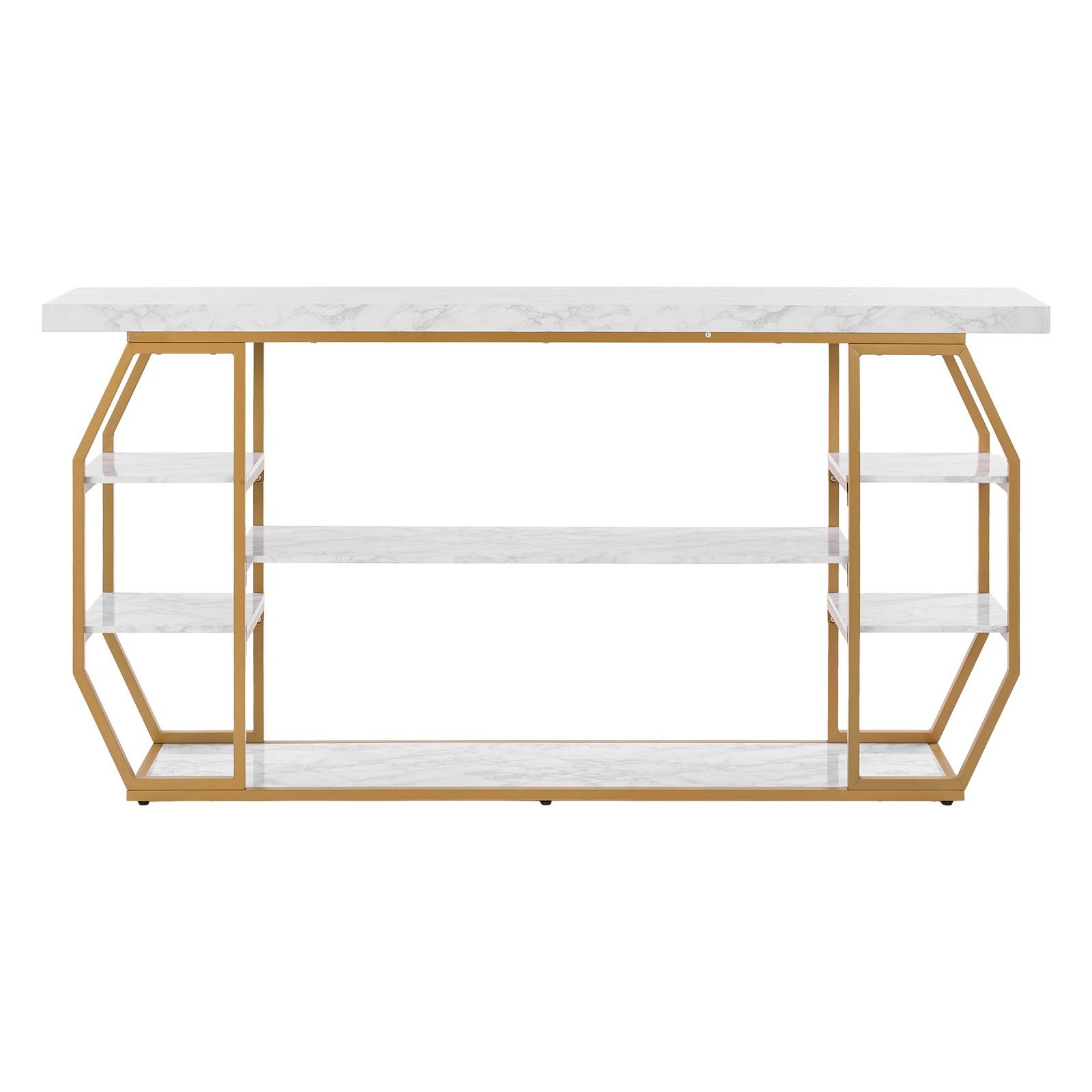 marble console table, 3 tiers modern console table for open storage, golden geometric table with iron tubes, anti tip device and triangular support for living room, hallway, entryway, foyer