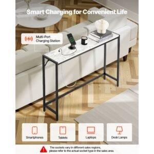 marble console table, modern narrow long console table with power outlet, thin sofa side table with iron tubes, anti tip device and triangular support for living room, hallway, entryway, foyer