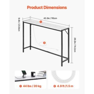 marble console table, modern narrow long console table with power outlet, thin sofa side table with iron tubes, anti tip device and triangular support for living room, hallway, entryway, foyer
