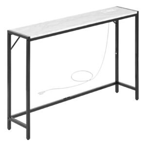 Marble Console Table, Modern Narrow Long Console Table with Power Outlet, Thin Sofa Side Table with Iron Tubes, Anti-Tip Device and Triangular Support for Living Room, Hallway, Entryway, Foyer