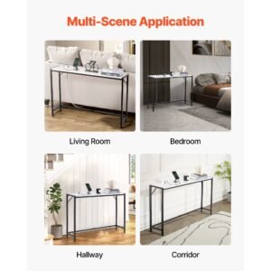 marble console table, modern narrow long console table with power outlet, thin sofa side table with iron tubes, anti tip device and triangular support for living room, hallway, entryway, foyer