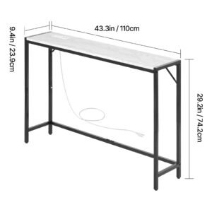 marble console table, modern narrow long console table with power outlet, thin sofa side table with iron tubes, anti tip device and triangular support for living room, hallway, entryway, foyer