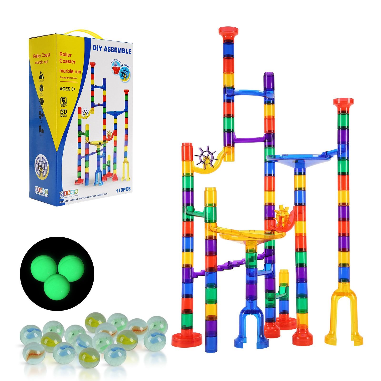 marble run set, 110 piece marble maze building block brain game, with 10 glow in the dark marbles + 20 glass marbles, educational learning race track stem toys, for kids, boys, girls ages 3 +