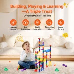 marble run set, 110 piece marble maze building block brain game, with 10 glow in the dark marbles + 20 glass marbles, educational learning race track stem toys, for kids, boys, girls ages 3 +