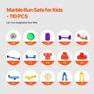 marble run set, 110 piece marble maze building block brain game, with 10 glow in the dark marbles + 20 glass marbles, educational learning race track stem toys, for kids, boys, girls ages 3 +