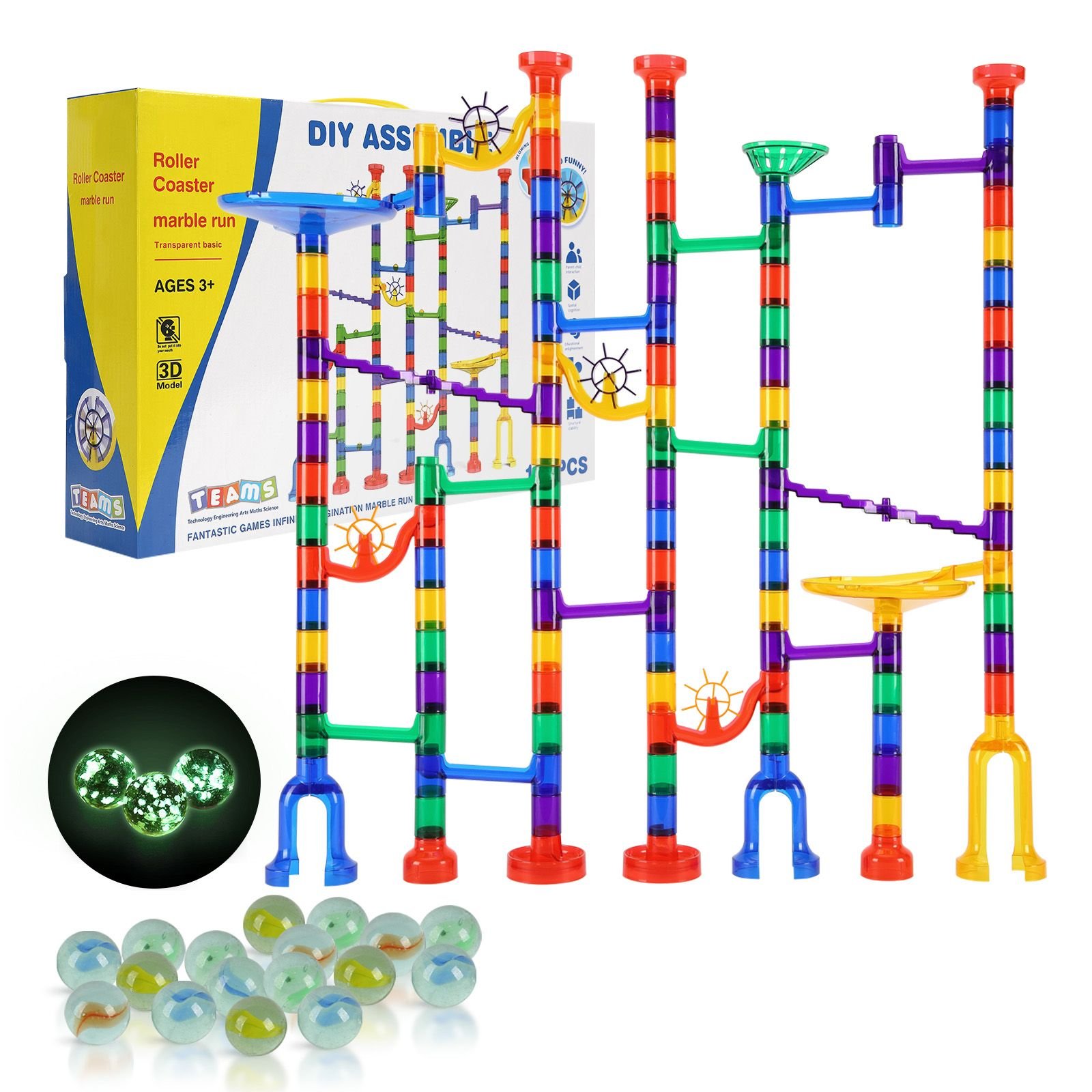marble run set, 145 piece marble maze building block brain game, with 5 glow in the dark marbles + 40 glass marbles, educational learning race track stem toys, for kids, boys, girls ages 3 +