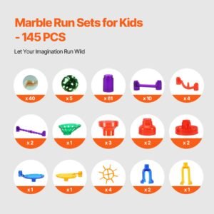 marble run set, 145 piece marble maze building block brain game, with 5 glow in the dark marbles + 40 glass marbles, educational learning race track stem toys, for kids, boys, girls ages 3 +
