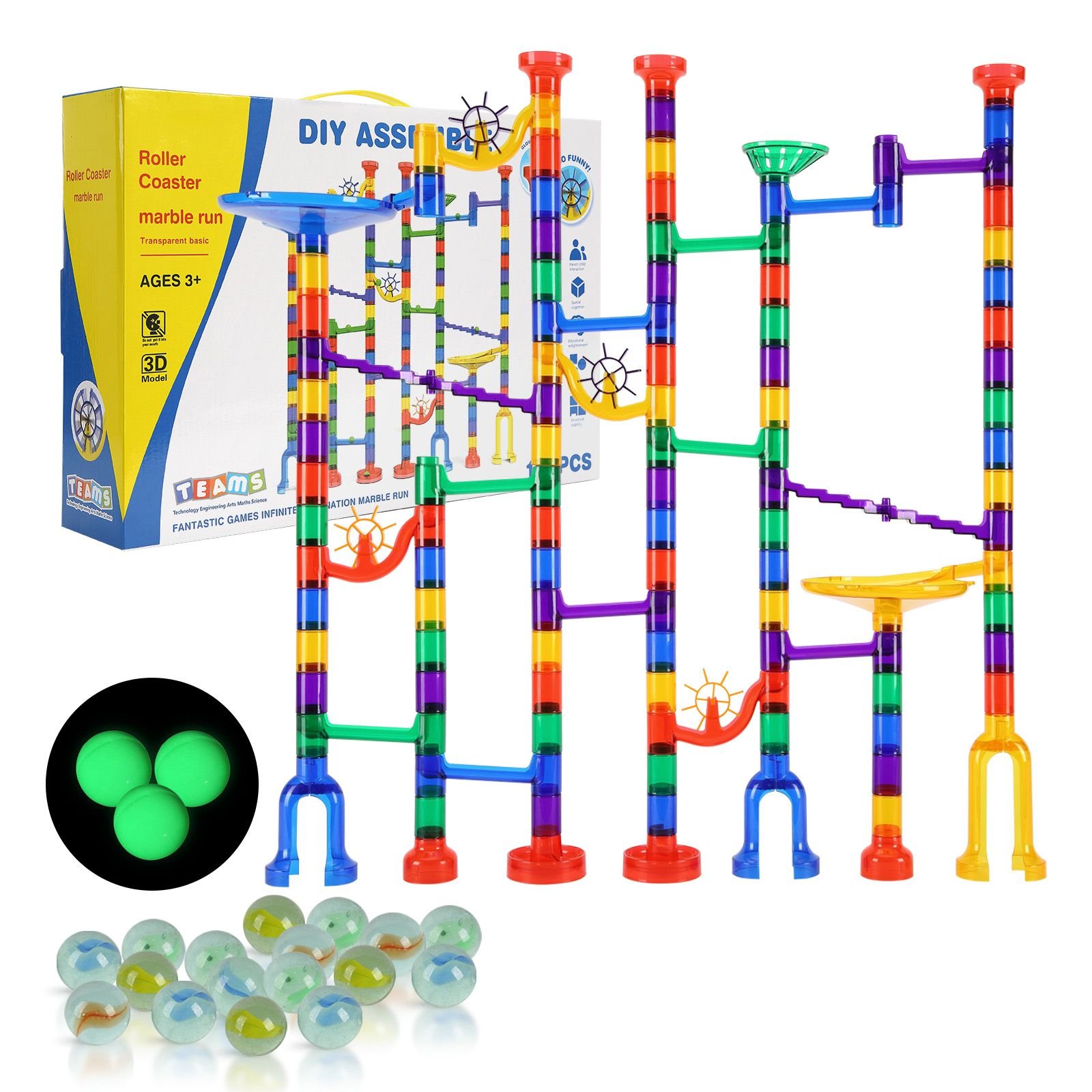 marble run set, 150 piece marble maze building block brain game, with 10 glow in the dark marbles + 40 glass marbles, educational learning race track stem toys, for kids, boys, girls ages 3 +