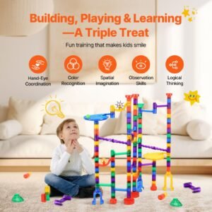 marble run set, 150 piece marble maze building block brain game, with 10 glow in the dark marbles + 40 glass marbles, educational learning race track stem toys, for kids, boys, girls ages 3 +