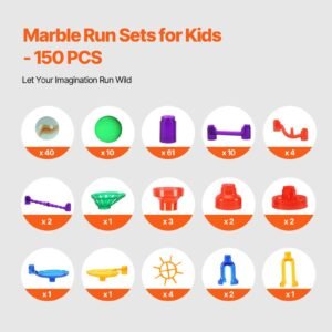 marble run set, 150 piece marble maze building block brain game, with 10 glow in the dark marbles + 40 glass marbles, educational learning race track stem toys, for kids, boys, girls ages 3 +