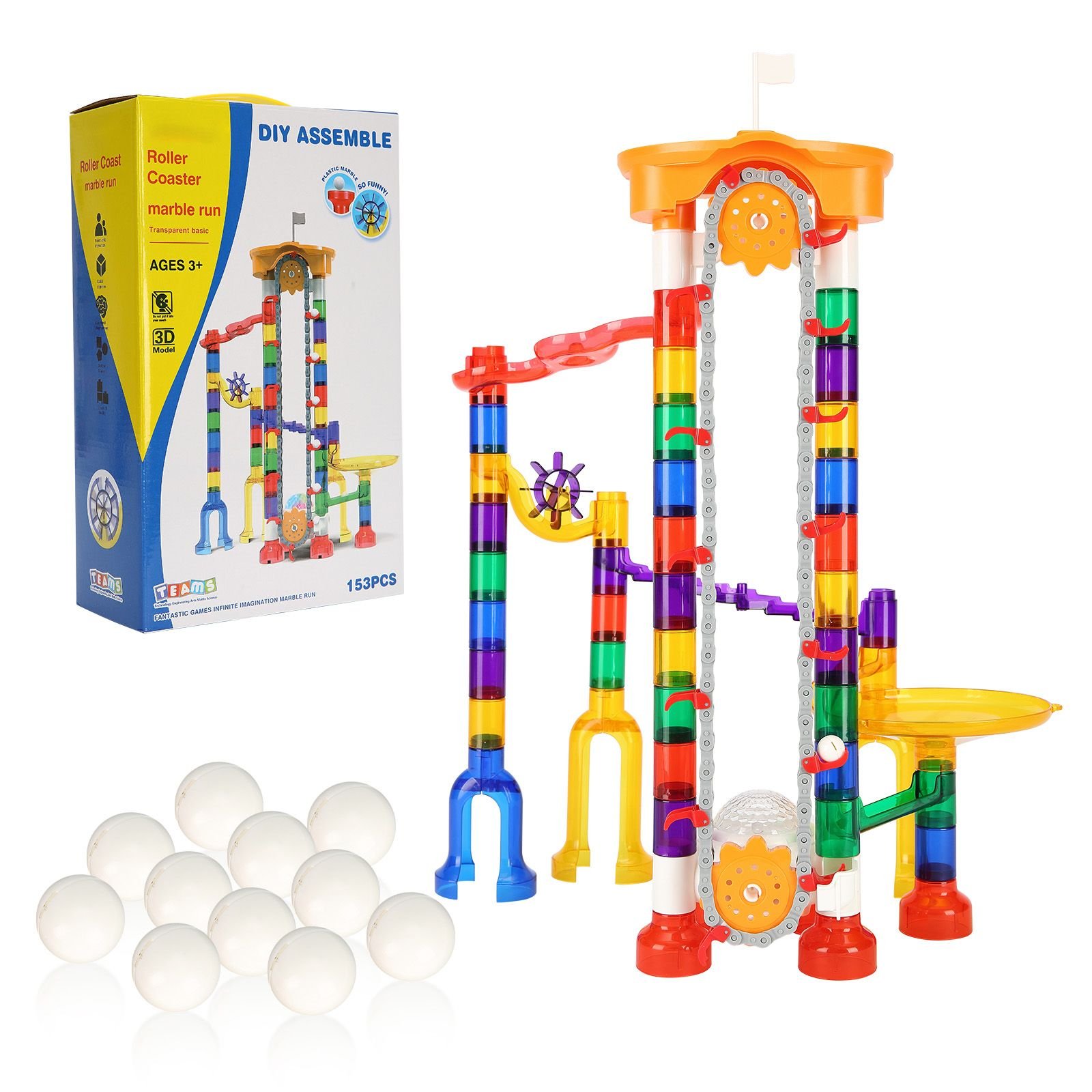 marble run set, 153 pcs with motorized elevator, with 30 plastic marbles, marble maze building block brain game, educational learning race track stem toys, for kids, boys, girls ages 3 + years