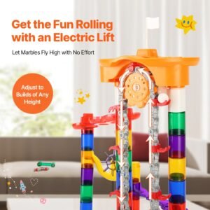marble run set, 153 pcs with motorized elevator, with 30 plastic marbles, marble maze building block brain game, educational learning race track stem toys, for kids, boys, girls ages 3 + years