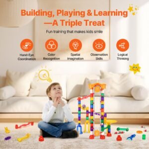 marble run set, 153 pcs with motorized elevator, with 30 plastic marbles, marble maze building block brain game, educational learning race track stem toys, for kids, boys, girls ages 3 + years