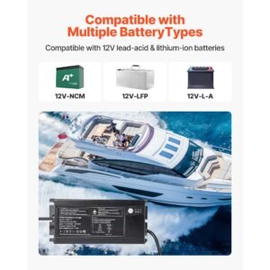 marine battery charger, 1 bank, 10a 12v onboard boat charger, ip68 waterproof smart on board battery charger, for lithium ion (lifepo4), ncm, lead acid batteries, large boat, yacht, rv, trailer