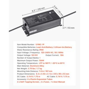 marine battery charger, 1 bank, 10a 12v onboard boat charger, ip68 waterproof smart on board battery charger, for lithium ion (lifepo4), ncm, lead acid batteries, large boat, yacht, rv, trailer